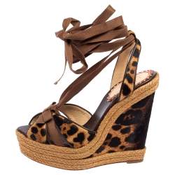 مملوكة مسبقًا صندل كعب روكي كريستيان لوبوتان إسبادريل إيزابيل حافة جلد وقشما وشعر عجل طباعة فهد بني مقاس 38