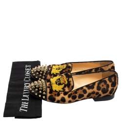 Christian Louboutin Brown Leopard Print Calf Hair and Black Patent Leather Harvanana Spike Loafers Size 37