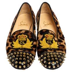 Christian Louboutin Brown Leopard Print Calf Hair and Black Patent Leather Harvanana Spike Loafers Size 37