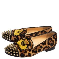 Christian Louboutin Brown Leopard Print Calf Hair and Black Patent Leather Harvanana Spike Loafers Size 37