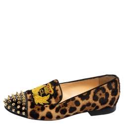 Christian Louboutin Brown Leopard Print Calf Hair and Black Patent Leather Harvanana Spike Loafers Size 37