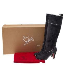 Pre Owned Christian Louboutin Dark Grey Suede And Snakeskin Trim Louloubotta Knee Length Boots Size 38.5