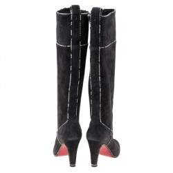Pre Owned Christian Louboutin Dark Grey Suede And Snakeskin Trim Louloubotta Knee Length Boots Size 38.5