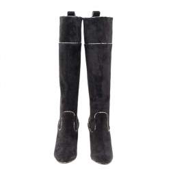 Pre Owned Christian Louboutin Dark Grey Suede And Snakeskin Trim Louloubotta Knee Length Boots Size 38.5