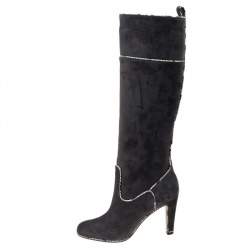 Pre Owned Christian Louboutin Dark Grey Suede And Snakeskin Trim Louloubotta Knee Length Boots Size 38.5
