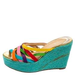 Christian Louboutin Multicolor Fabric Crepon Espadrille Wedge Sandals Size 37