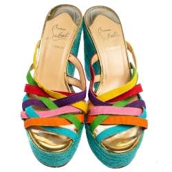 Christian Louboutin Multicolor Fabric Crepon Espadrille Wedge Sandals Size 37