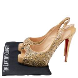 Christian Louboutin Beige Studded Patent Leather Star Prive Peep Toe Slingback Sandals Size 39