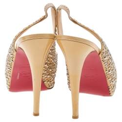 Christian Louboutin Beige Studded Patent Leather Star Prive Peep Toe Slingback Sandals Size 39