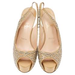Christian Louboutin Beige Studded Patent Leather Star Prive Peep Toe Slingback Sandals Size 39