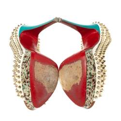 Pre Owned Christian Louboutin Off-White Leather Lady Peep-Toe Spikes Platform Pumps Size 37