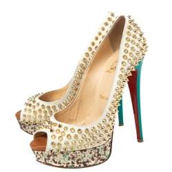 Pre Owned Christian Louboutin Off-White Leather Lady Peep-Toe Spikes Platform Pumps Size 37