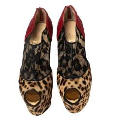 Christian Louboutin Leopard Print/Red Pony Hair and Black Lace Aeronotoc Booties Size 37.5