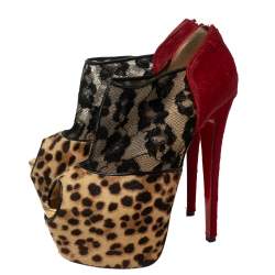 Christian Louboutin Leopard Print/Red Pony Hair and Black Lace Aeronotoc Booties Size 37.5