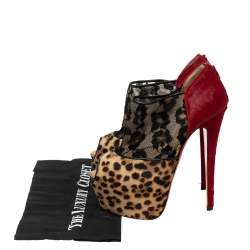 Christian Louboutin Leopard Print/Red Pony Hair and Black Lace Aeronotoc Booties Size 37.5