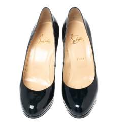 Pre Owned Christian Louboutin Black Patent Leather Simple Round-Toe Pumps Size 37.5