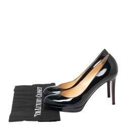 Pre Owned Christian Louboutin Black Patent Leather Simple Round-Toe Pumps Size 37.5
