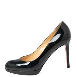 Pre Owned Christian Louboutin Black Patent Leather Simple Round-Toe Pumps Size 37.5