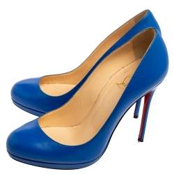 Pre Owned Christian Louboutin Blue Leather New Simple Round-Toe Pumps Size 37.5