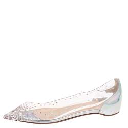 Pre Owned Christian Louboutin Silver Iridescent Leather and PVC Degrastrass Pointed-Toe Ballet Flats Size 37