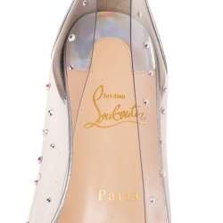 Pre Owned Christian Louboutin Silver Iridescent Leather and PVC Degrastrass Pointed-Toe Ballet Flats Size 37