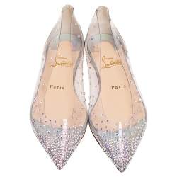 Pre Owned Christian Louboutin Silver Iridescent Leather and PVC Degrastrass Pointed-Toe Ballet Flats Size 37