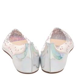Pre Owned Christian Louboutin Silver Iridescent Leather and PVC Degrastrass Pointed-Toe Ballet Flats Size 37