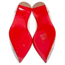 Pre Owned Christian Louboutin Silver Iridescent Leather and PVC Degrastrass Pointed-Toe Ballet Flats Size 37