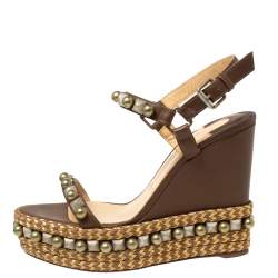 Pre Owned Christian Louboutin Brown Studded Leather Cataclou Espadrille Wedge Sandals Size 38 