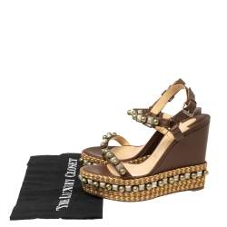Pre Owned Christian Louboutin Brown Studded Leather Cataclou Espadrille Wedge Sandals Size 38 