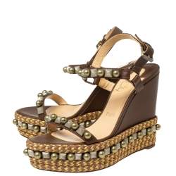 Pre Owned Christian Louboutin Brown Studded Leather Cataclou Espadrille Wedge Sandals Size 38 