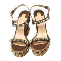 Pre Owned Christian Louboutin Brown Studded Leather Cataclou Espadrille Wedge Sandals Size 38 