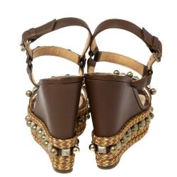 Pre Owned Christian Louboutin Brown Studded Leather Cataclou Espadrille Wedge Sandals Size 38 