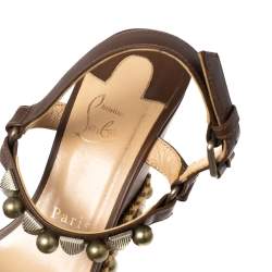Pre Owned Christian Louboutin Brown Studded Leather Cataclou Espadrille Wedge Sandals Size 38 