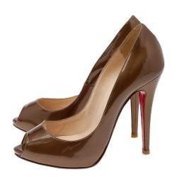 Christian Louboutin Olive Patent Leather Flo Peep Toe Pumps Size 37