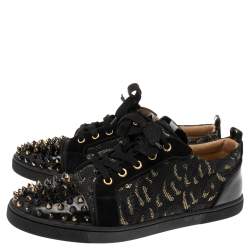 Pre Owned Christian Louboutin Black Lurex Fabric And Paten Leather Spiked Orlato Low Top Sneakers 40