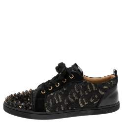 Pre Owned Christian Louboutin Black Lurex Fabric And Paten Leather Spiked Orlato Low Top Sneakers 40