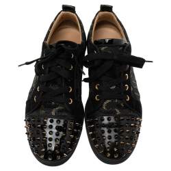 Pre Owned Christian Louboutin Black Lurex Fabric And Paten Leather Spiked Orlato Low Top Sneakers 40
