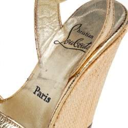 Pre Owned Christian Louboutin Metallic Gold Crackled Leather Cross Strap Wedge Sandals Size 37