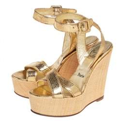 Pre Owned Christian Louboutin Metallic Gold Crackled Leather Cross Strap Wedge Sandals Size 37