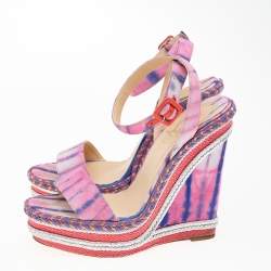 Christian Louboutin Multicolor Fabric New Duplice Ankle Strap Wedges Platform Sandals Size 39