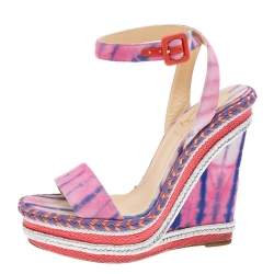 Christian Louboutin Multicolor Fabric New Duplice Ankle Strap Wedges Platform Sandals Size 39