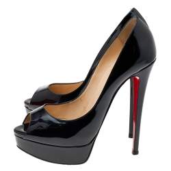 Pre Owned Christian Louboutin Black Patent Leather Lady Peep Toe Platform Pumps Size 38