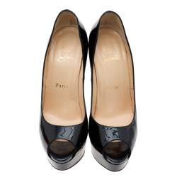 Pre Owned Christian Louboutin Black Patent Leather Lady Peep Toe Platform Pumps Size 38