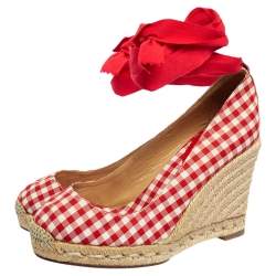 Christian Louboutin White/Red Canvas Espadrille Wedge Sandals Size 37