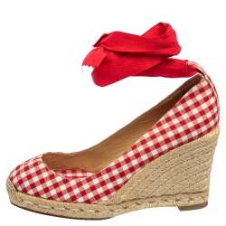 Christian Louboutin White/Red Canvas Espadrille Wedge Sandals Size 37