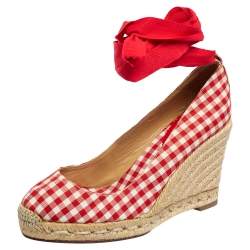 Christian Louboutin White/Red Canvas Espadrille Wedge Sandals Size 37