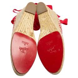 Christian Louboutin White/Red Canvas Espadrille Wedge Sandals Size 37