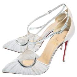 Pre Owned Christian Louboutin White/Silver Lace And Satin Twistissima Pointed Toe Ankle Strap Sandals Size 38.5
