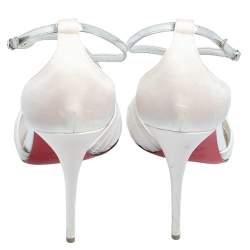 Pre Owned Christian Louboutin White/Silver Lace And Satin Twistissima Pointed Toe Ankle Strap Sandals Size 38.5